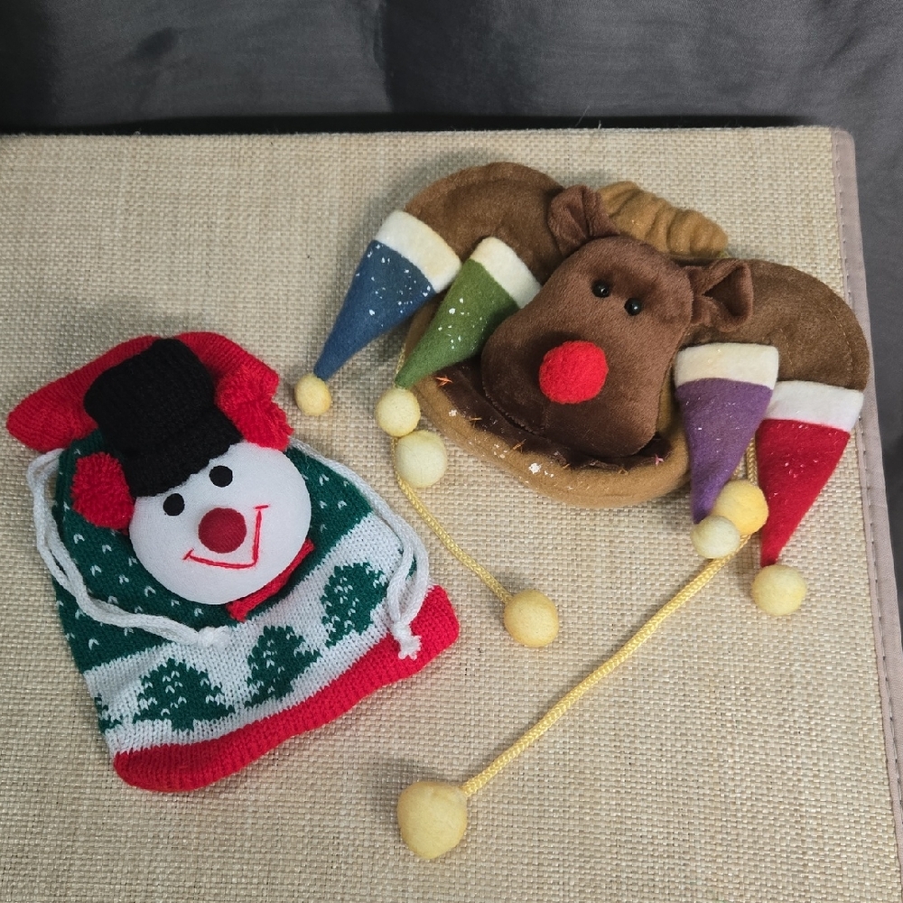 Holiday Snowman and Reindeer Drawstring Gift Pouches